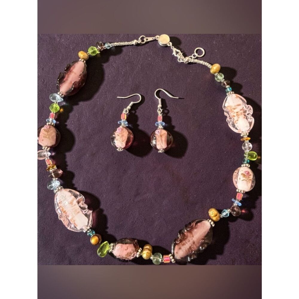 Vintage Handmade Pink Tones Art Glass Bead Necklace and Earring Set 16”